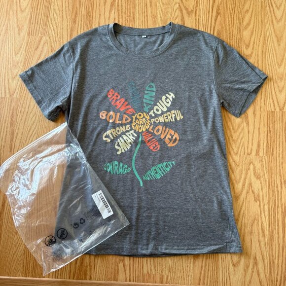 Empowering Graphic Gray Womens T-Shirt Size Small Flower Power Uplifting Words - Picture 8 of 8